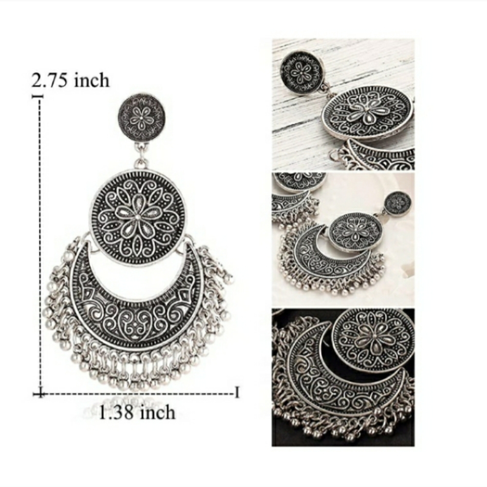 3/$30 Ethnic Brocade Lotus Dangle Earrings Silver - Picture 2 of 4